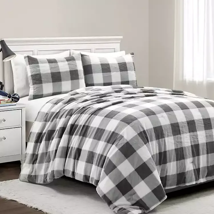 Comforters-Kirklands Home Gray Plaid Faux Fur 3-pc. King Comforter Set