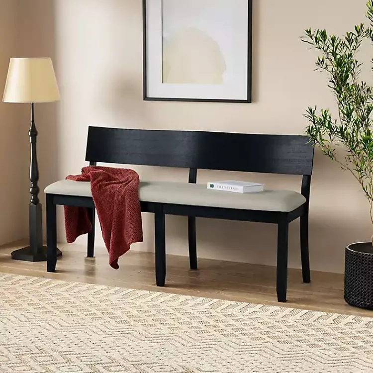 Benches & Ottomans-Kirklands Home Black Wood Cream Upholstered Bench White
