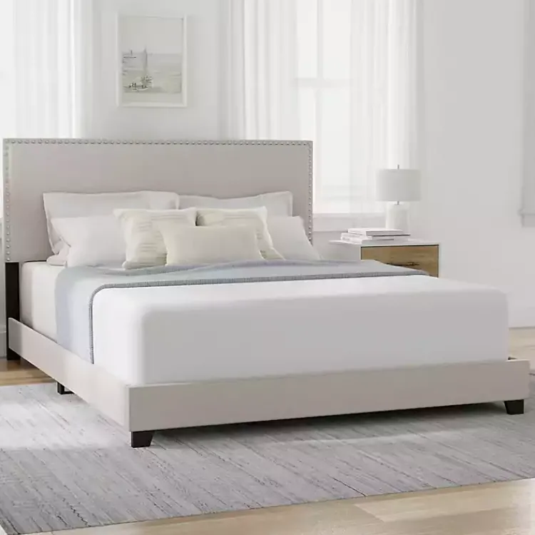 Beds & Headboards-Kirklands Home Fog Upholstered Nailhead Trim Queen Bed Gray