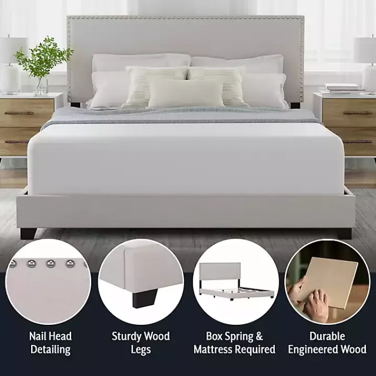 Beds & Headboards-Kirklands Home Fog Upholstered Nailhead Trim Queen Bed Gray
