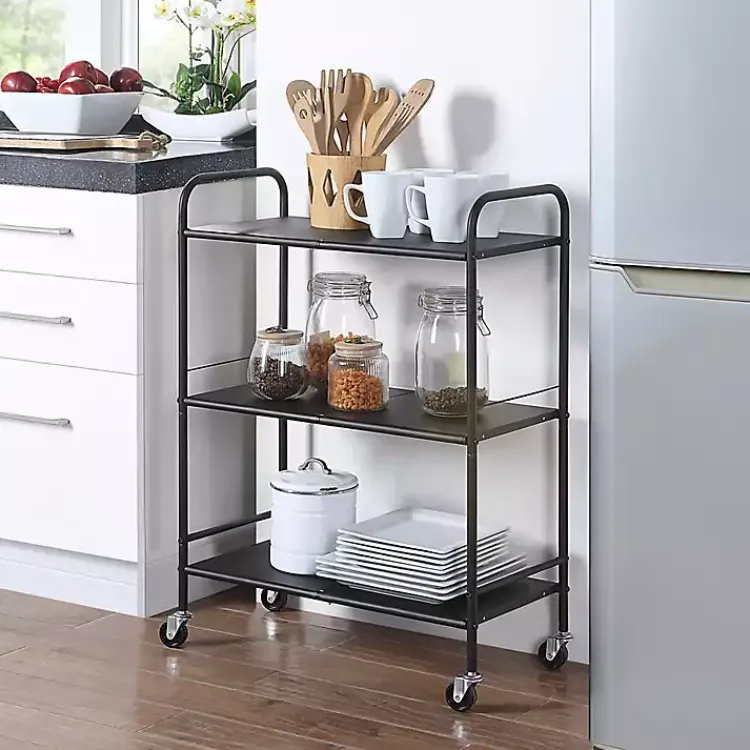 Kitchen Islands & Bar Carts-Kirklands Home Wide Metal 3-Tier Storage Cart Black