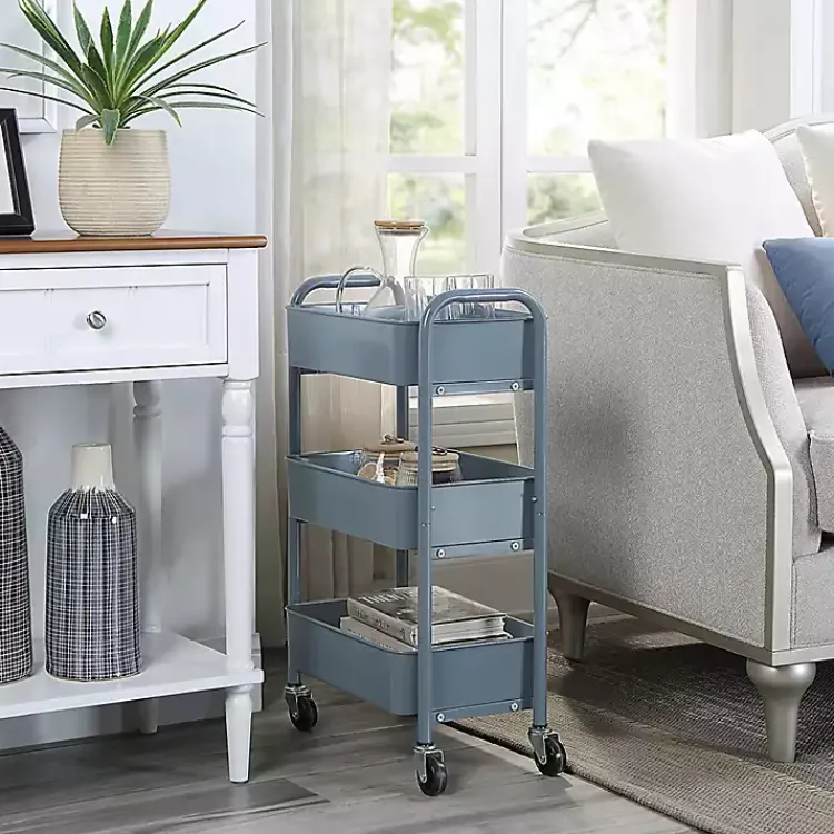 Kitchen Islands & Bar Carts-Kirklands Home Metal 3-Tier Organizer Storage Cart Blue