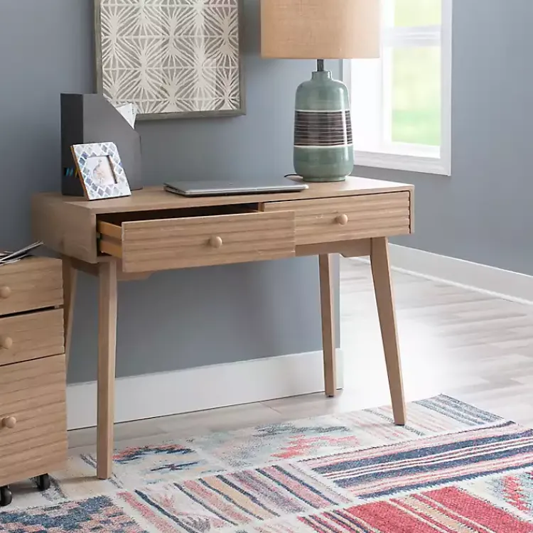 Office Furniture-Kirklands Home Natural Ripples 2-Drawer Wood Desk Brown