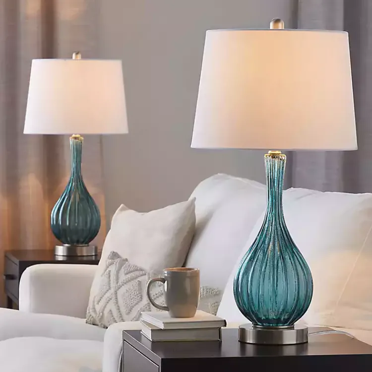 Table Lamps-Kirklands Home Sapphire Crackle Glass Table Lamps, Set of 2 White