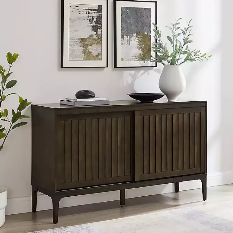 Cabinets & Sideboards-Kirklands Home Dark Slatted Sliding Door Sideboard Brown