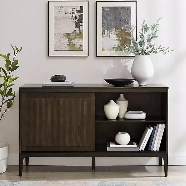 Cabinets & Sideboards-Kirklands Home Dark Slatted Sliding Door Sideboard Brown