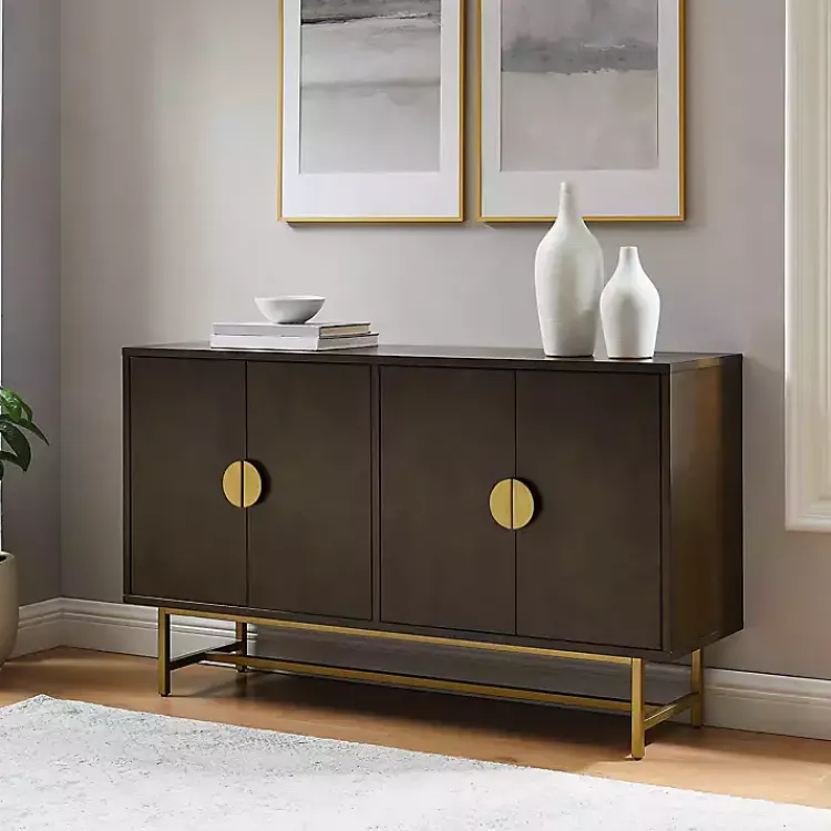 Cabinets & Sideboards-Kirklands Home Wood & Gold Metal Sideboard Brown