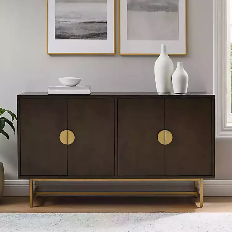 Cabinets & Sideboards-Kirklands Home Wood & Gold Metal Sideboard Brown