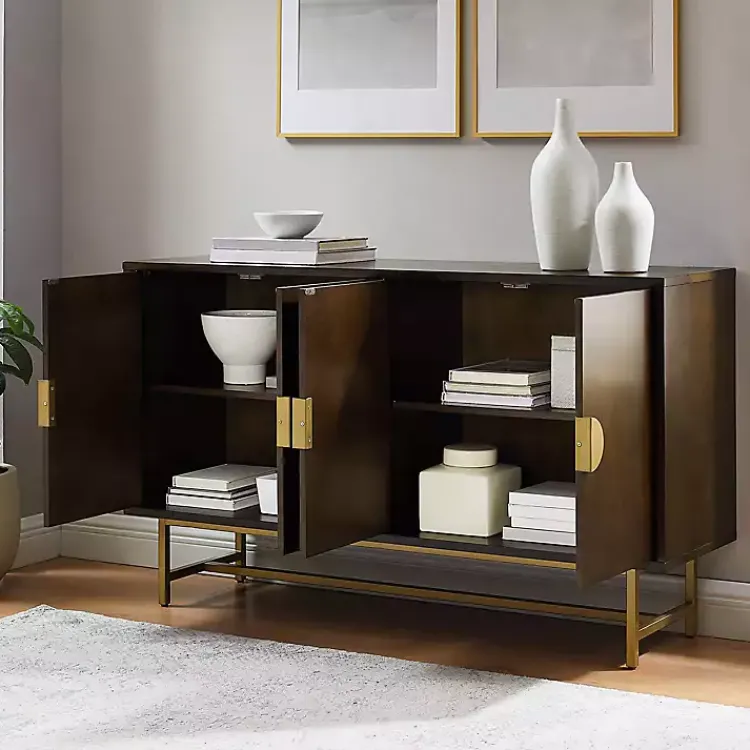 Cabinets & Sideboards-Kirklands Home Wood & Gold Metal Sideboard Brown