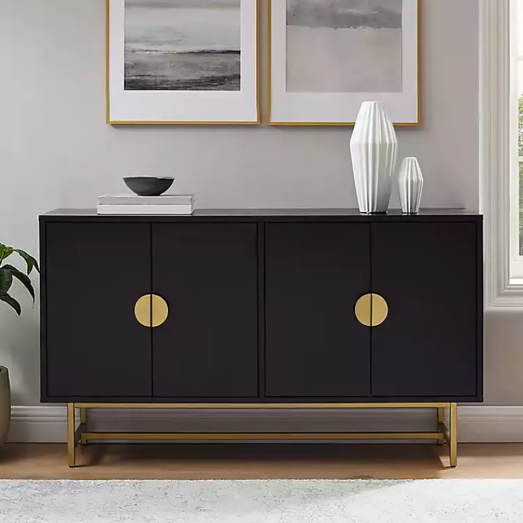 Cabinets & Sideboards-Kirklands Home Wood & Gold Metal Sideboard Black