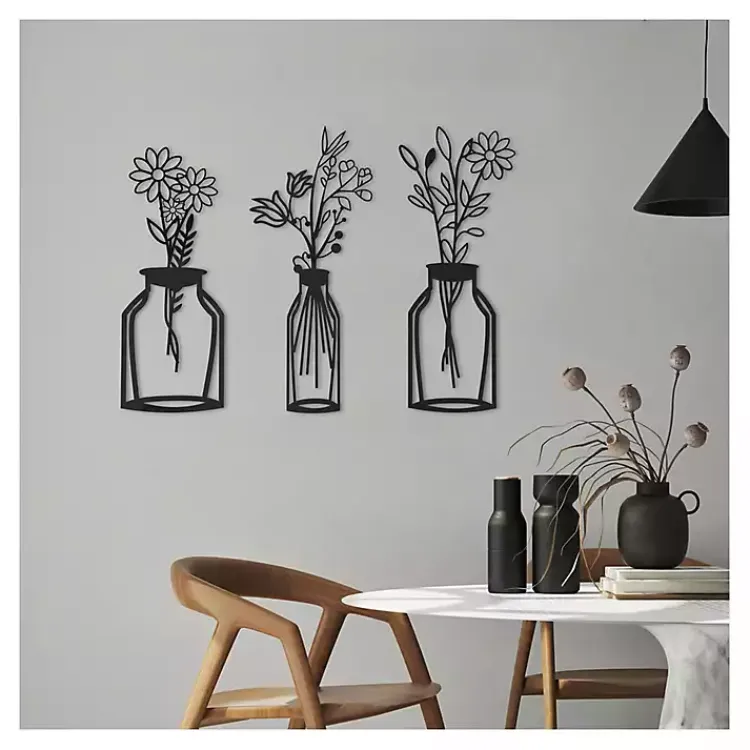 Wall Plaques-Kirklands Home Metal Floral Vase Wall Plaques, Set of 3 Black