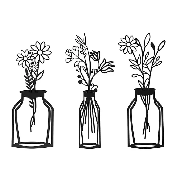 Wall Plaques-Kirklands Home Metal Floral Vase Wall Plaques, Set of 3 Black