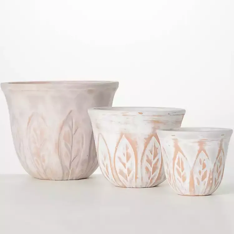 Planters-Kirklands Home Rustic Leaf Clay Planters, Set of 3 White