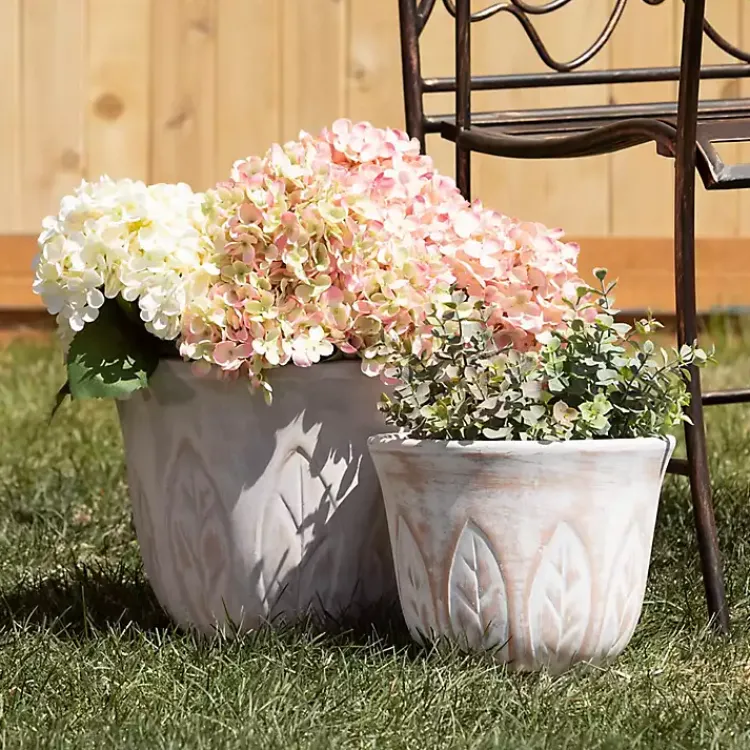 Planters-Kirklands Home Rustic Leaf Clay Planters, Set of 3 White