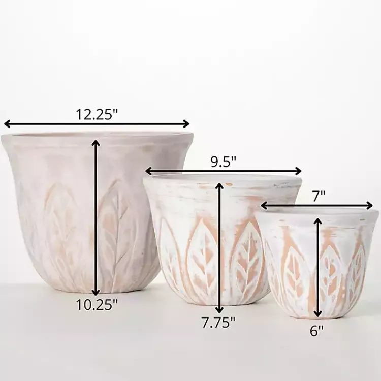 Planters-Kirklands Home Rustic Leaf Clay Planters, Set of 3 White