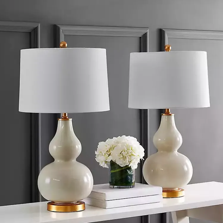 Table Lamps-Kirklands Home Cream and Gold Leaf Table Lamps, Set of 2 White
