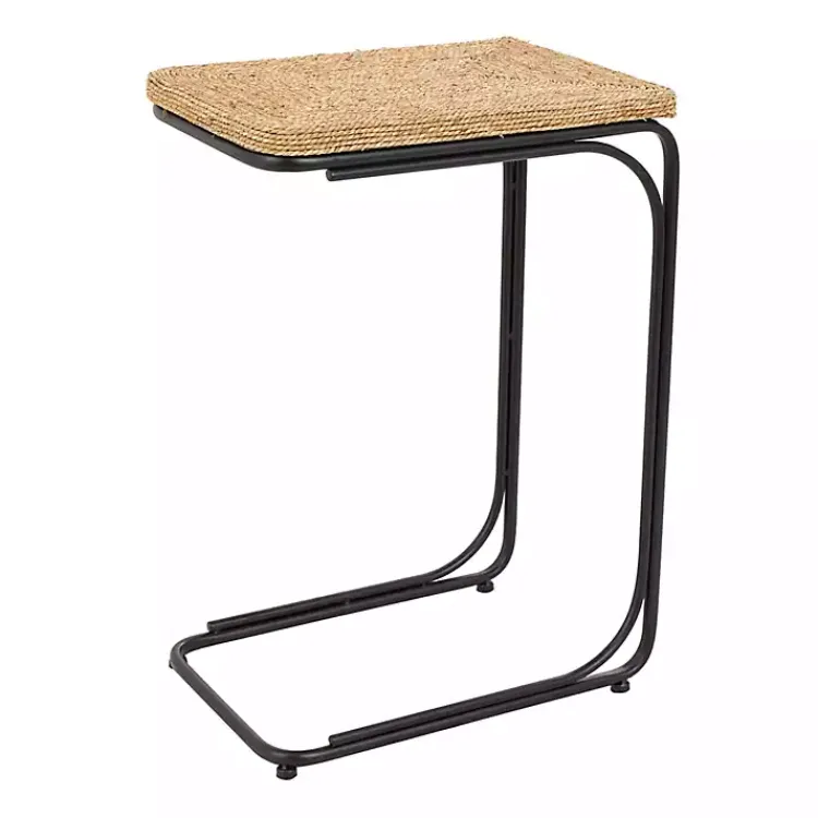 Accent & End Tables-Kirklands Home Natural Seagrass and Black Metal C-Table Tan