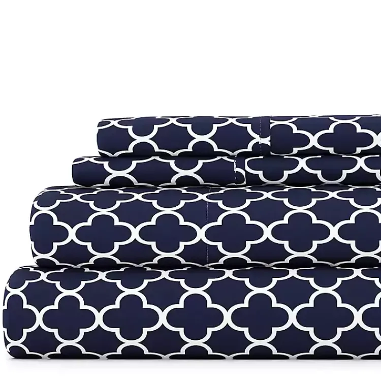 Bed Sheets-Kirklands Home Navy Quatrefoil 4-pc. King Sheet Set Blue