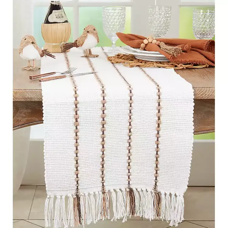 Table Linens-Kirklands Home Ivory Striped Fringe Table Runner