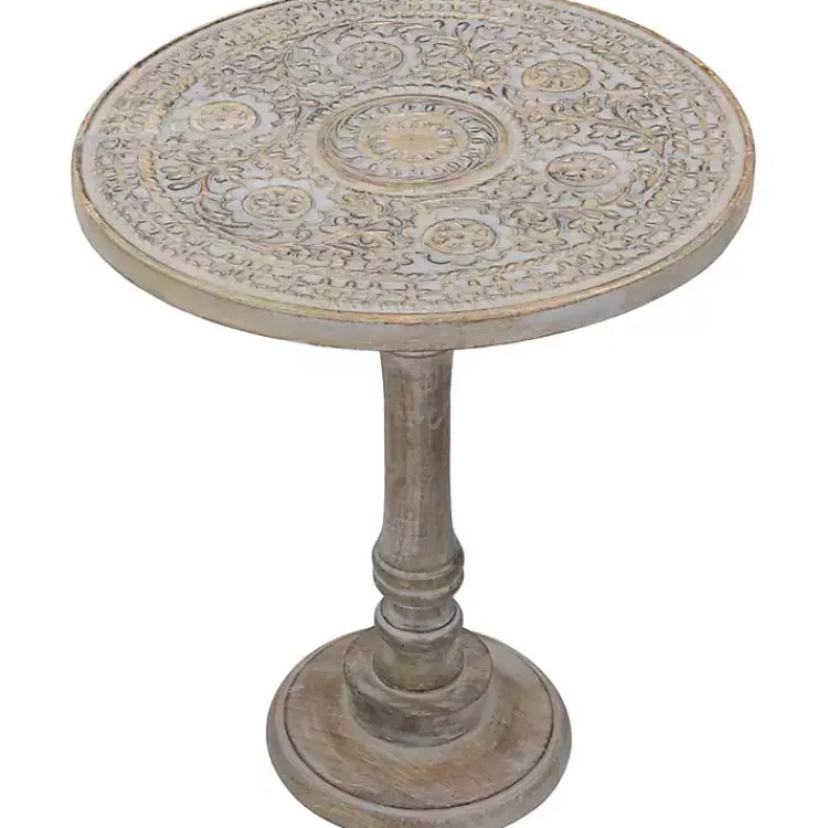 Accent & End Tables-Kirklands Home Round Antique Etched Pedestal Accent Table Gray