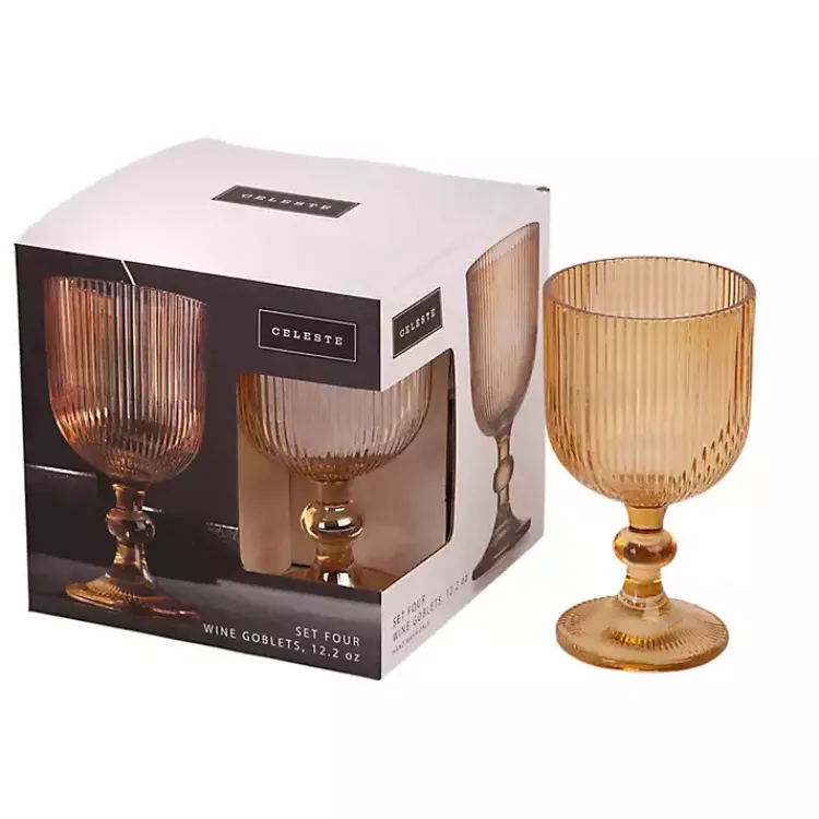 Glassware & Drinkware-Kirklands Home Amber Ribbed Goblet Wine Glasses, Set of 4 Orange