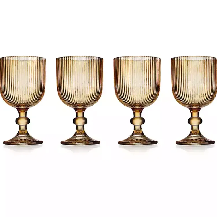 Glassware & Drinkware-Kirklands Home Amber Ribbed Goblet Wine Glasses, Set of 4 Orange