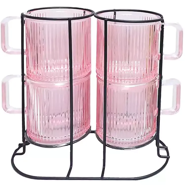 Glassware & Drinkware-Kirklands Home Mugs with Rack 5-pc. Set Pink