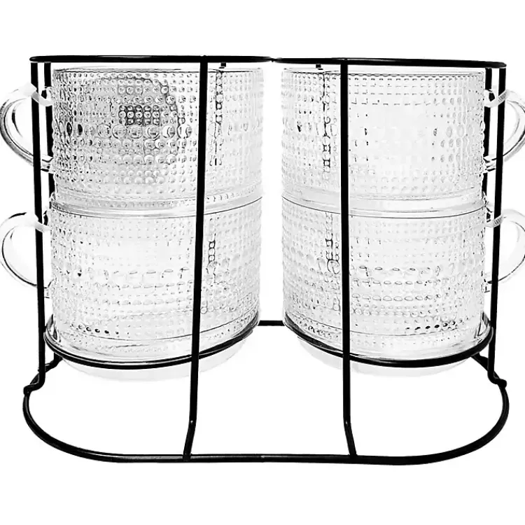 Glassware & Drinkware-Kirklands Home Hobnail Mugs with Rack 5-pc. Set Clear