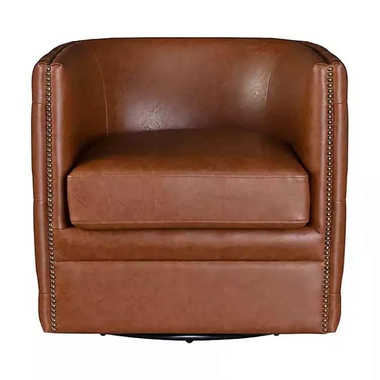 Accent Chairs-Kirklands Home Tufted Faux Leather Barrel Swivel Chair Brown