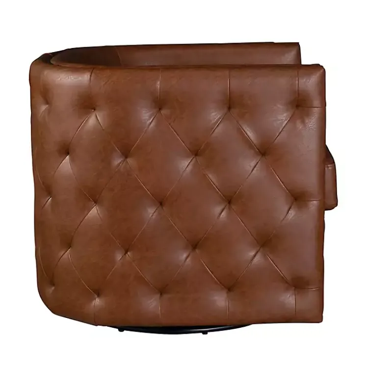 Accent Chairs-Kirklands Home Tufted Faux Leather Barrel Swivel Chair Brown