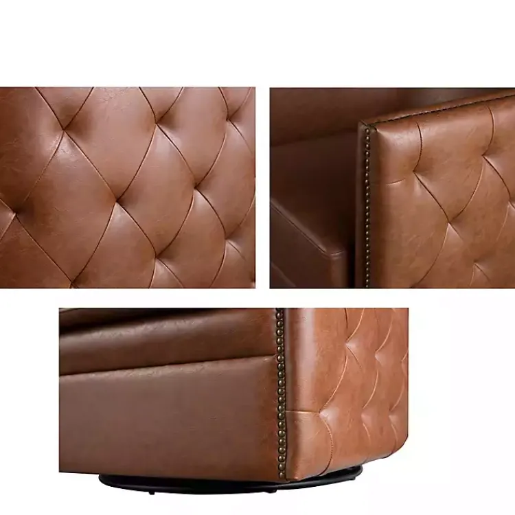 Accent Chairs-Kirklands Home Tufted Faux Leather Barrel Swivel Chair Brown