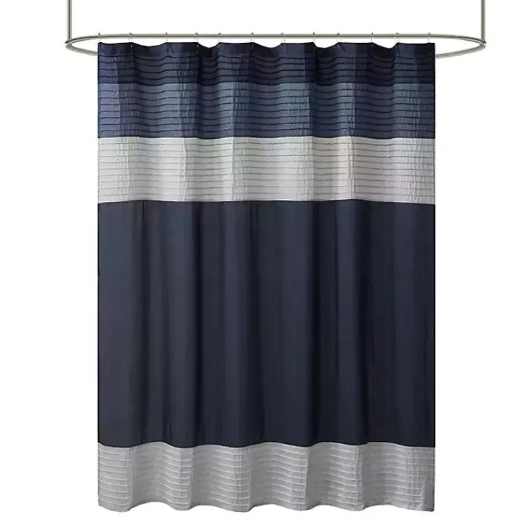 Shower Curtains-Kirklands Home Navy Colorblock Silky Shower Curtain Blue