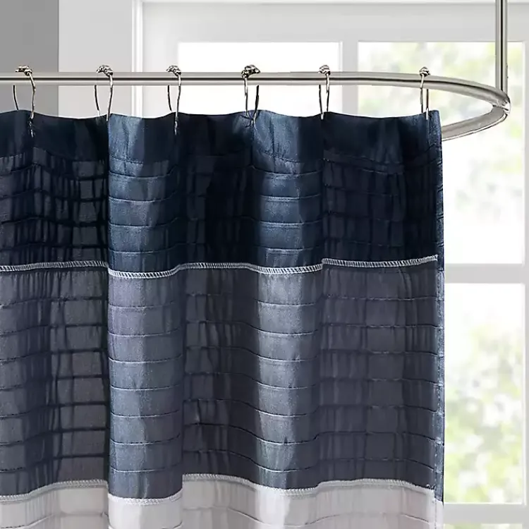 Shower Curtains-Kirklands Home Navy Colorblock Silky Shower Curtain Blue