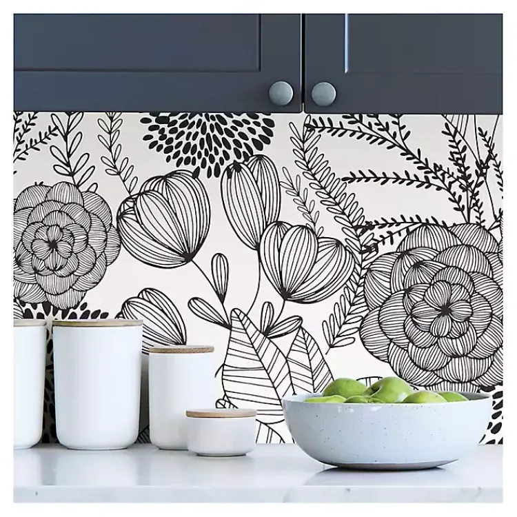 Wall Murals & Wallpaper-Kirklands Home & White Floral Garden Peel & Stick Wallpaper Black
