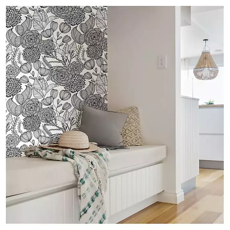 Wall Murals & Wallpaper-Kirklands Home & White Floral Garden Peel & Stick Wallpaper Black