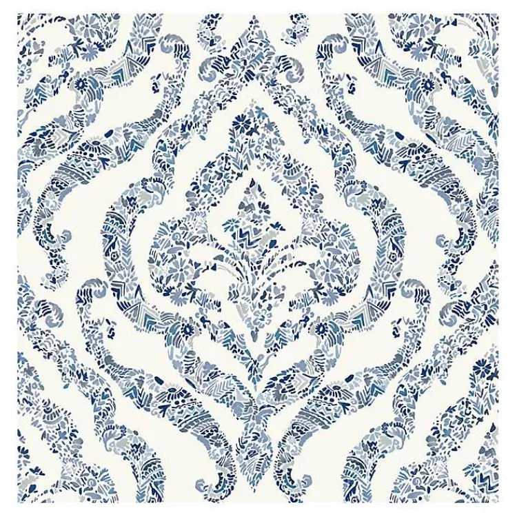 Wall Murals & Wallpaper-Kirklands Home Floral Damask Pattern Peel & Stick Wallpaper Blue