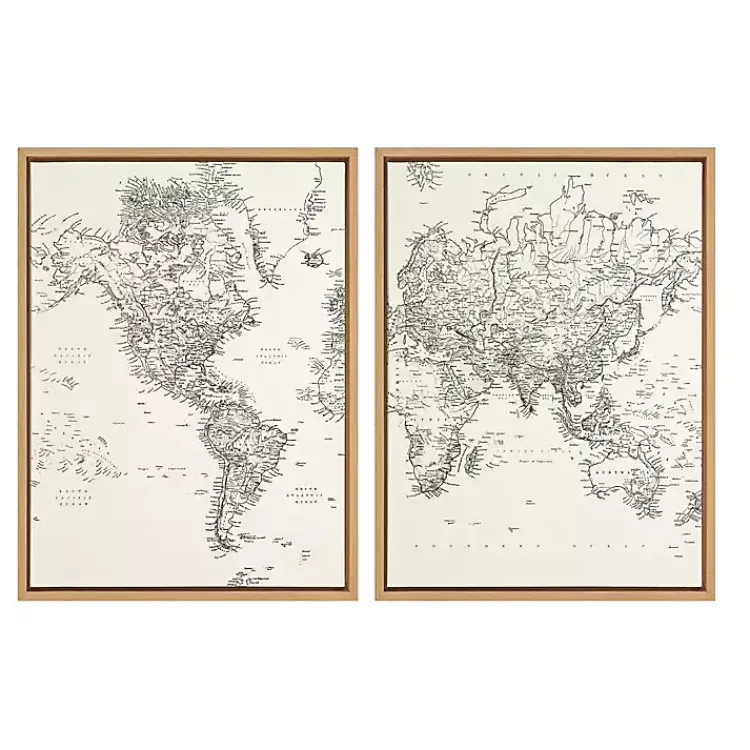 Canvas Art-Kirklands Home Vintage World Map Framed Canvas Art, Set of 2