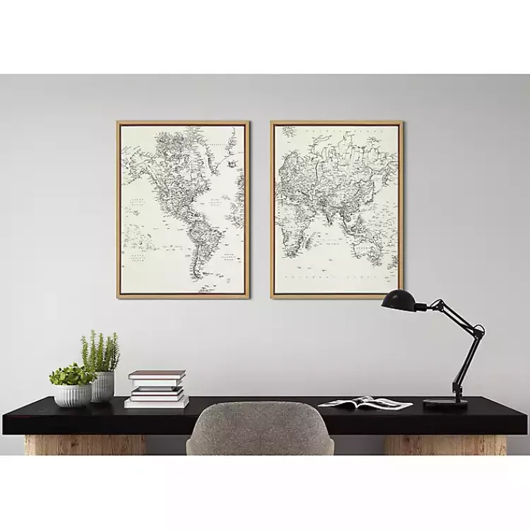 Canvas Art-Kirklands Home Vintage World Map Framed Canvas Art, Set of 2