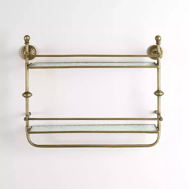 Shelves-Kirklands Home Gold Metal & Textured Glass 2-Tier Wall Shelf