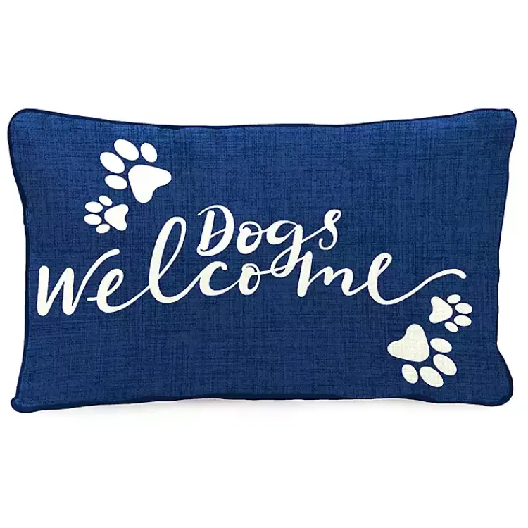 Outdoor Cushions & Pillows-Kirklands Home Navy Dogs Welcome Outdoor Lumbar Pillow