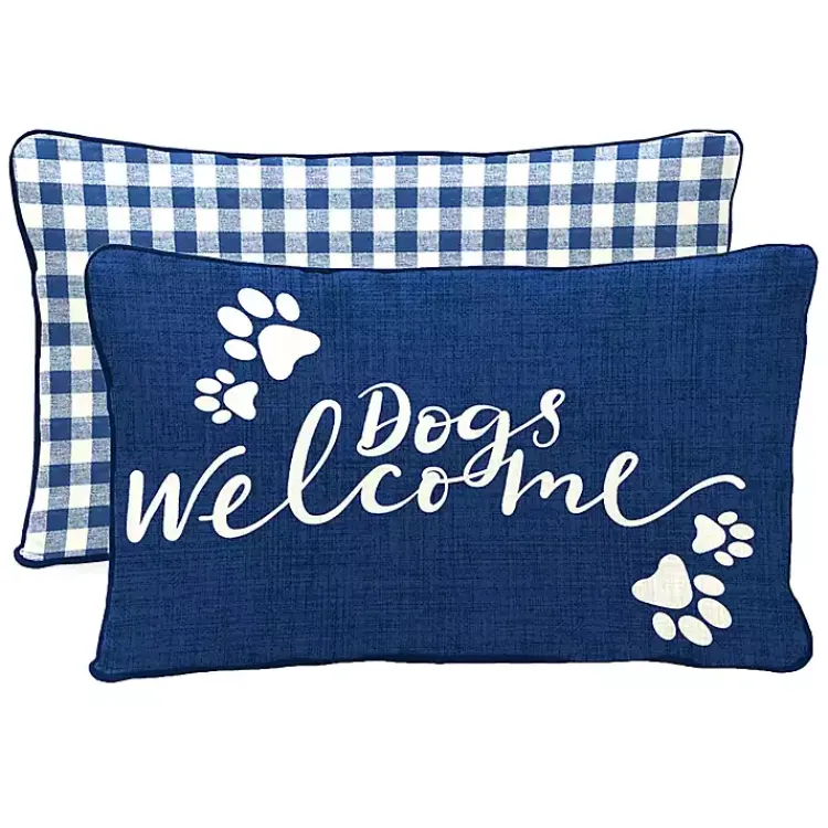 Outdoor Cushions & Pillows-Kirklands Home Navy Dogs Welcome Outdoor Lumbar Pillow