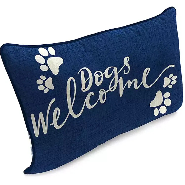 Outdoor Cushions & Pillows-Kirklands Home Navy Dogs Welcome Outdoor Lumbar Pillow