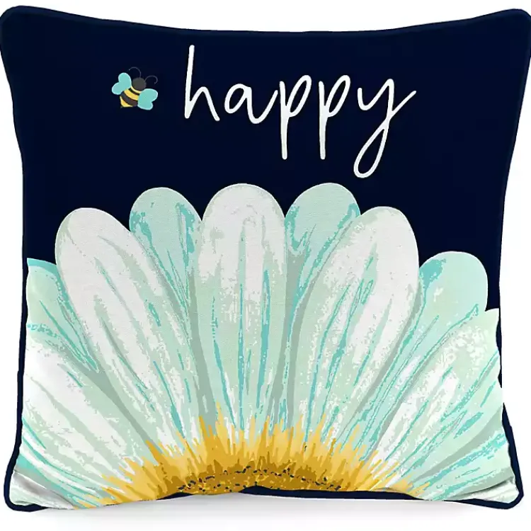 Outdoor Cushions & Pillows-Kirklands Home Blue & Yellow Bee Happy Outdoor Pillow