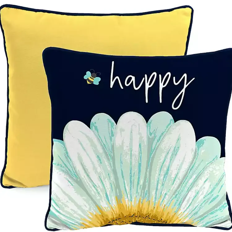 Outdoor Cushions & Pillows-Kirklands Home Blue & Yellow Bee Happy Outdoor Pillow