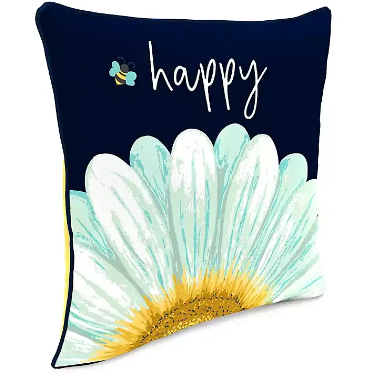 Outdoor Cushions & Pillows-Kirklands Home Blue & Yellow Bee Happy Outdoor Pillow