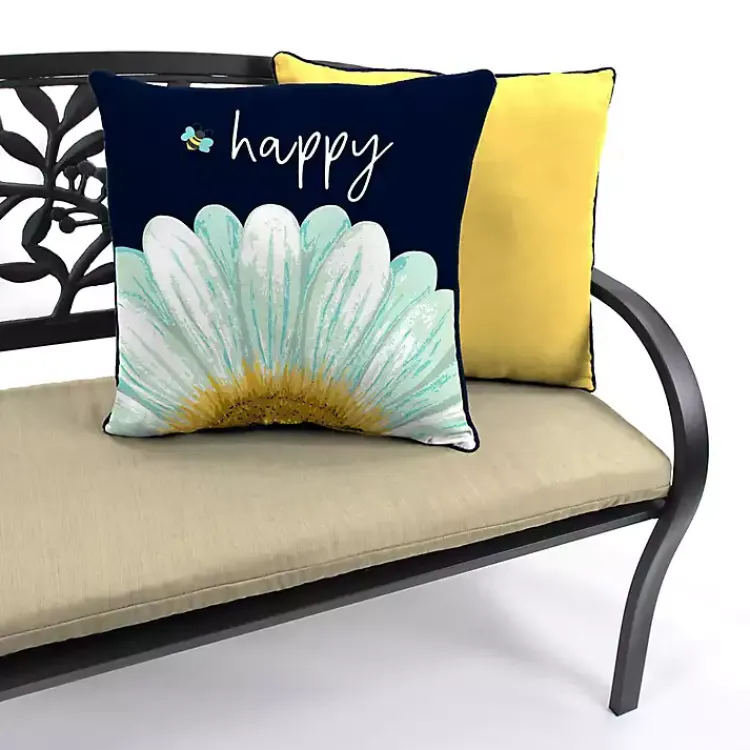 Outdoor Cushions & Pillows-Kirklands Home Blue & Yellow Bee Happy Outdoor Pillow