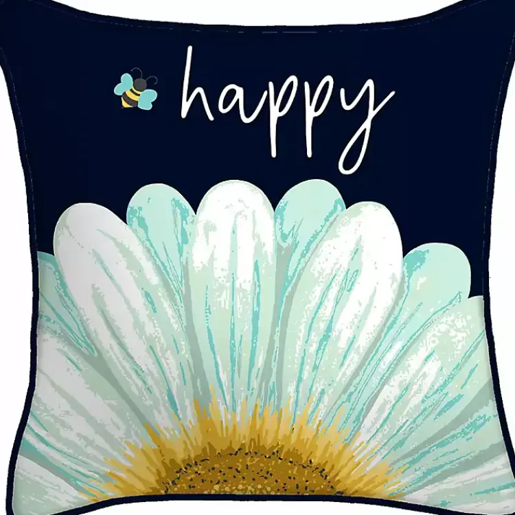 Outdoor Cushions & Pillows-Kirklands Home Blue & Yellow Bee Happy Outdoor Pillow