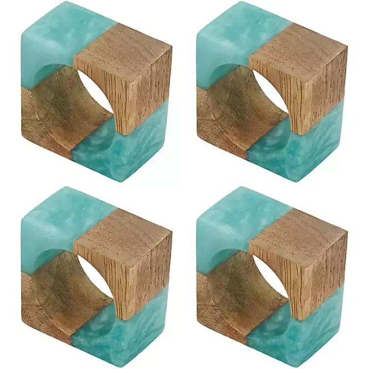 Table Linens-Kirklands Home Teal Wood and Resin Square Napkin Rings, Set of 4