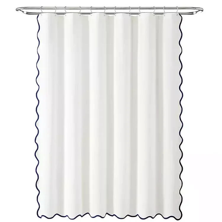 Shower Curtains-Kirklands Home White Navy Scalloped Coastal Shower Curtain