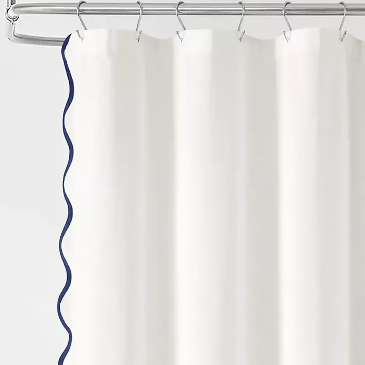 Shower Curtains-Kirklands Home White Navy Scalloped Coastal Shower Curtain
